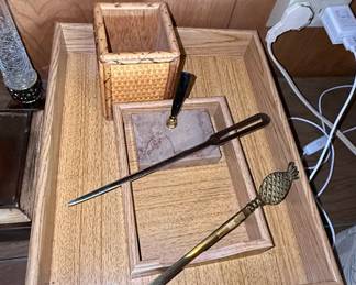 Vintage Desk Set with Woven Pencil Cup, Stone-Based Pen Stand, and Pineapple Letter Opener