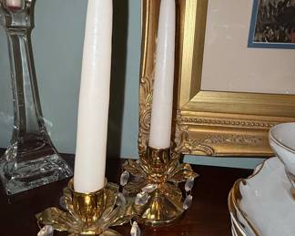 Vintage Brass Floral Candlestick Pair with Crystal Prisms