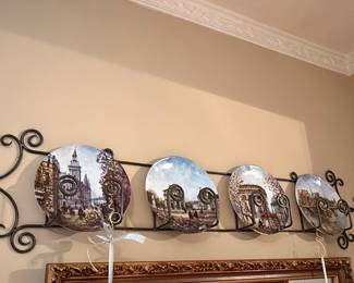Set of 4 Louis Dali "Sights of Paris" Collector Plates with Wrought Iron Display Rack