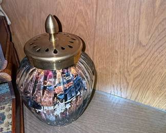 Vintage Ribbed Glass Potpourri Jar with Pierced Brass Lid and Colorful Inclusions