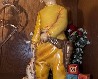 Mid-Century Chalkware Boy with Toy Holster and Plush Toy Figurine