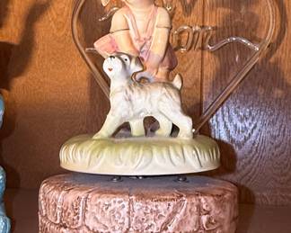 Vintage Ceramic Music Box Girl with Dog under Umbrella