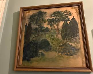 Vintage Landscape Oil Painting with Stone Bridge