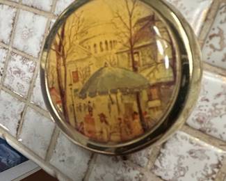 Vintage Brass Compact with Decorative Scene