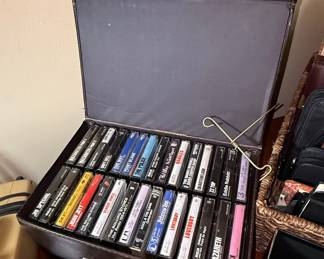 Vintage Cassette Tape Collection in Brown Faux-Leather Briefcase