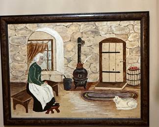 Folk Art Interior Scene with Woman and Cat by Sidlinver