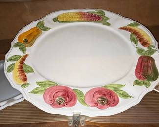 Vintage Portuguese Ceramic Platter with Fruit Border and Banana Handles