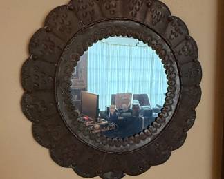 Mexican Punched Tin Mirror with Scalloped Edge and Floral Motifs