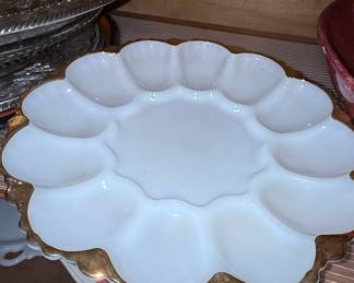 Anchor Hocking Fire King Milk Glass Deviled Egg Plate with Gold Trim