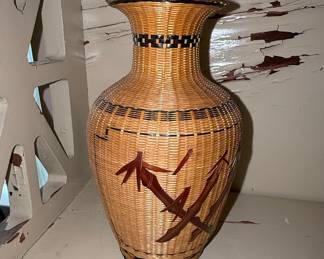 Vintage Woven Bamboo Wrapped Porcelain Vase with Panda Motif