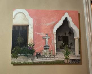 Colonial Mexican Courtyard Oil Painting