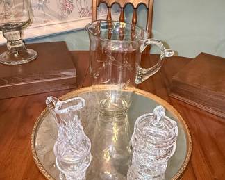 Fostoria Etched Glass Pitcher and Pressed Glass Creamer/Sugar Set with Mirrored Tray