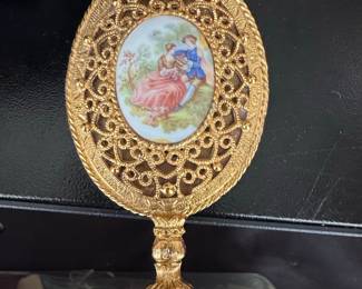 Vintage Limoges Porcelain Hand Mirror with Fragonard Scene