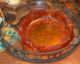 Vintage Amber Glass Ashtray with Metal Candle Holder Tray