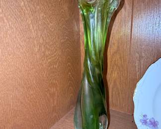Vintage Green Swung Art Glass Vase