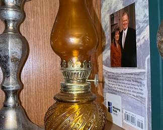 Vintage Amber Glass Hobnail Oil Lamp