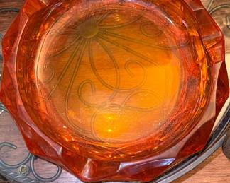 Mid-Century Modern Amber Glass Ashtray with Coin Motif