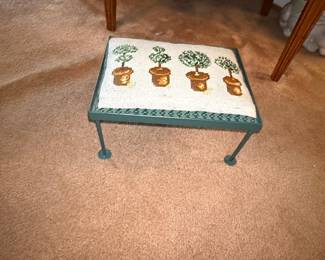 Vintage Needlepoint Footstool with Potted Topiary Trees