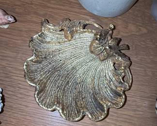 Vintage Gilt Scallop Shell Trinket Dish with Bird Accent
