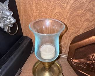 Vintage Brass Chamberstick Candle Holder with Etched Glass Hurricane