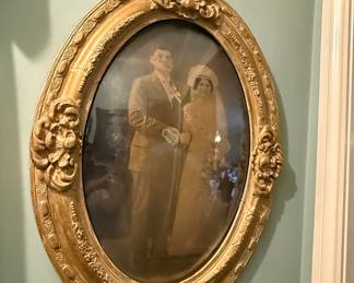 Vintage Convex Glass Wedding Portrait with Ornate Gilded Rococo Frame