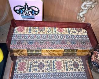 Vintage Wooden Jewelry Box with Kilim Fabric Inlay