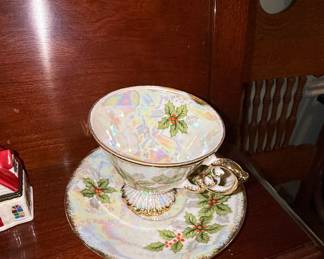 Vintage Lusterware Teacup and Saucer with Holly and Gold Trim