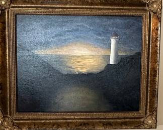 Original Oil Painting of Lighthouse Seascape in Ornate Gilt Frame