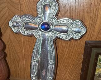 Ornate Silver-Tone Metal Wall Cross with Cobalt Blue Cabochon