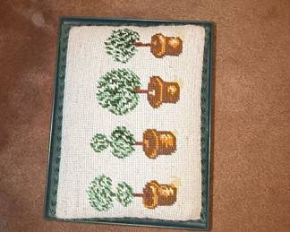 Vintage Needlepoint Footstool with Potted Topiary Trees