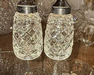 Pair of Waterford Crystal Glandore Salt and Pepper Shakers with Sterling Silver Tops