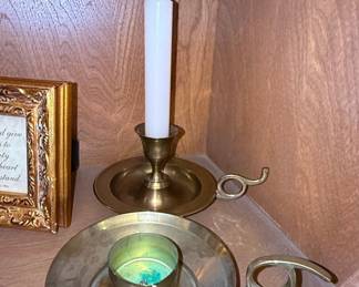 Vintage Brass Chamberstick Candle Holders with Finger Loop Handle