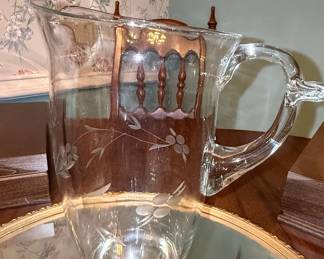 Vintage Etched Floral Glass Pitcher