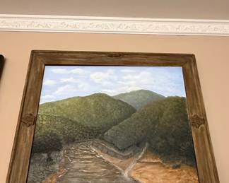 Landscape Oil Painting with River and Mountains by R. Duncan