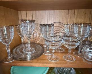Anchor Hocking 'Banded Rings' Pattern Stemware and Plates with Silver Trim