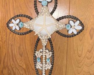 Handcrafted Seashell Mosaic Cross with Starfish and Blue Accents