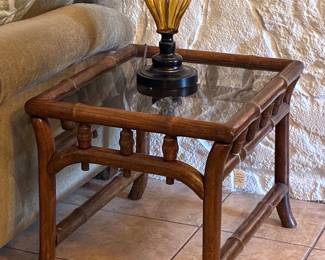 MCM Faux Rattan and Glass End Tables - Pair