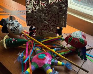 Large Milagro Cross, Day of the Dead Skull Maracas and Mini Piñatas
