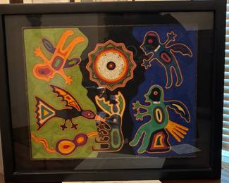 Framed Huichol beaded silk embroidery