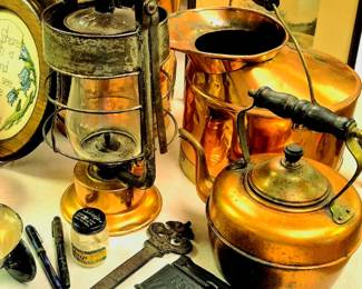 Much copper, brass, silverplate and sterling. Unique copper buckets, teapot and "Fire Dept. Dietz" lantern