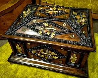 Antique tramp-style jewelry chest. Much, much detail, gold plated branches with polished stones