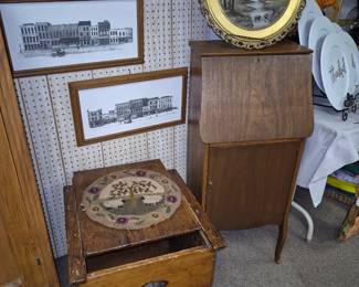 Primitive chamber pot cabinet w/ sliding top and antique drop-front secretary/ sheet music cabiney