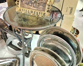 New Pics!! Great selection of tables!! Vintage cast iron base with copper insert and glass top