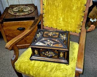 Much antiques, collectibles and primitives. Victorian/Eastlake style oak upholstered armchair 