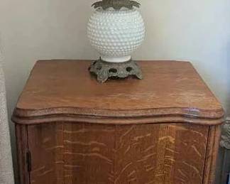 BK161Vintage White Hobnail Milk Glass Lamp With Vintage Tiger Oak Cabinet