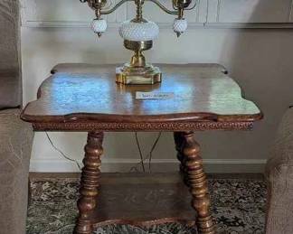 BK238Vintage Brass Double Globe Milk Glass Lamp And Antique Victorian Oak Parlor Table