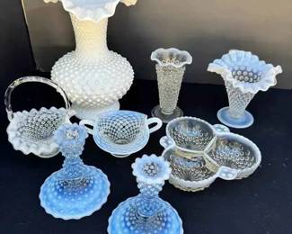BK244Vintage Fenton Style French Blue White Opalescent Hobnail Glass