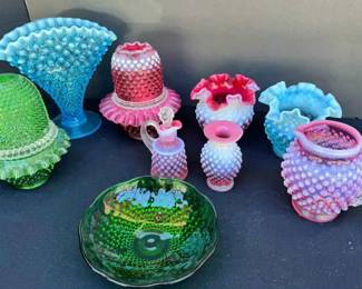BK245Vintage Fenton Style Hobnail Cranberry Blue Green Opalescent Glass