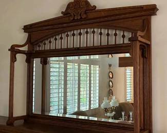 BK234Antique Oak Mental Mirror With Spindle Top And Carved Crust