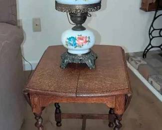 BK242VVintage Accurate Casting Milk Glass Hurricane Lamp On Antique Drop Leaf Side Table
